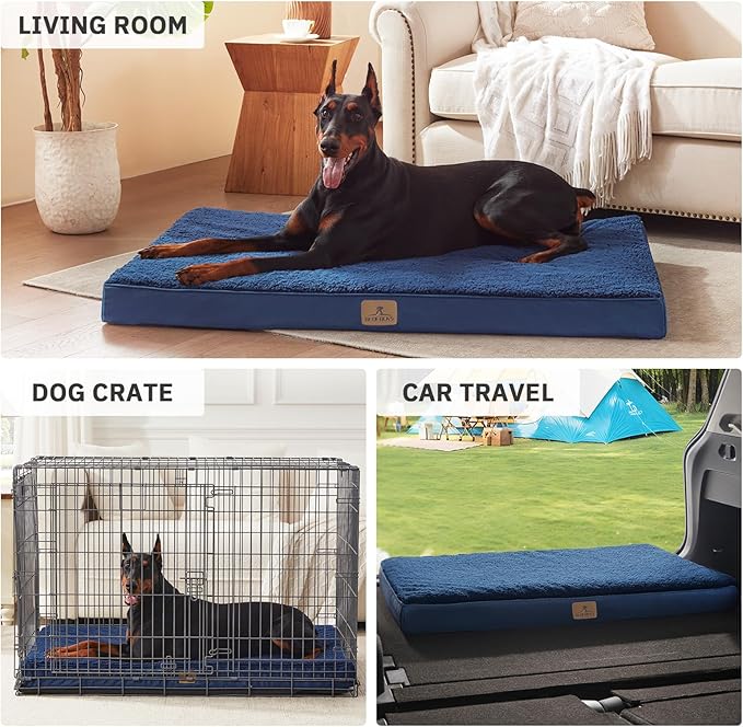 Bedfolks Orthopedic Dog Bed for Jumbo Dogs - Egg Foam Dog Crate Bed with Removable Waterproof Cover, Pet Bed Mat Suitable for Dogs and Pets Up to 150 lbs (54 x 44 x 4 inches, Navy)