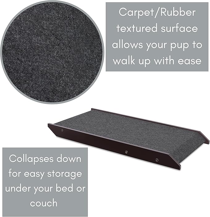 BIRDROCK Home Adjustable Pet Ramp for Small Dogs, Cats, Puppies - Foldable Wooden Dog Ramp for Couch, Bed, Car - Indoor or Outdoor- Safe, Portable, Non-Slip Carpet - 13", Espresso