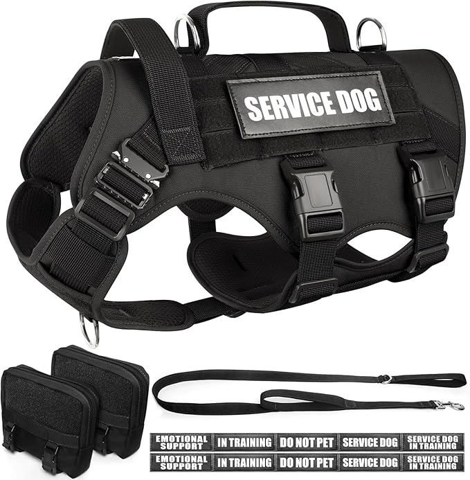 WINSEE Tactical Dog Harness with Dog Leash, Service Working MOLLE Vest with 10 Pet Patches for Medium Dog, No Pull Military Harness and Backpack for Training Hunting Walking
