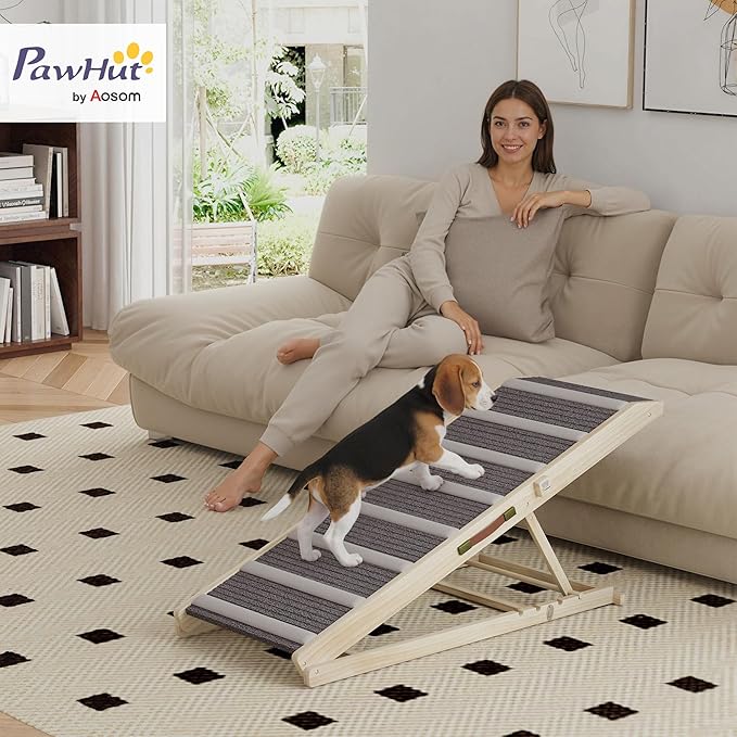 PawHut Dog Ramp for Couch, Foldable Pet Ramp for Small to Large Dog, 4 Adjustable Height from 16" to 23.5", Pet Steps with Non-Slip Carpet for Bed and Sofa