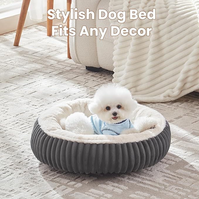 23 inches Donut Dog Bed for Small Dogs - Calming Round Puppy Bed with Removable Cover, Washable Milk Plush Faux Fur Pet Bed for Cats, Fits Pets up to 15 lbs(Dark Grey,Small)