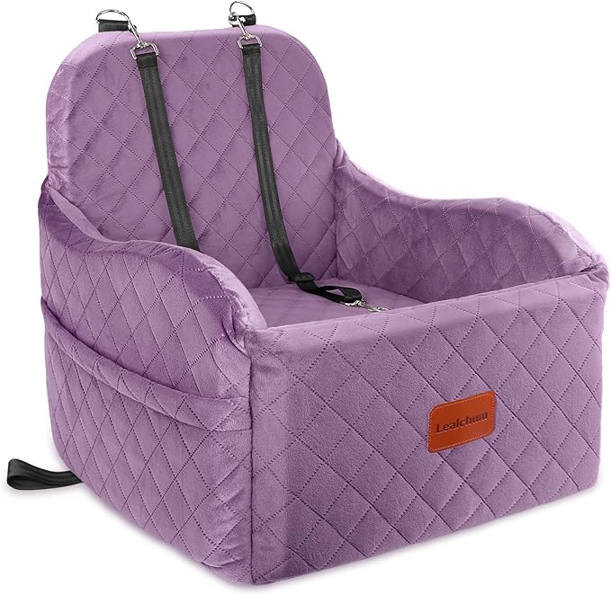 Dog Booster Car Seat for Small/Medium Dogs,Puppy Portable Car Bed with Elevated Cushion,Fully Detachable and Washable,2 Storage Pockets,Easy to Install (Purple, Medium)