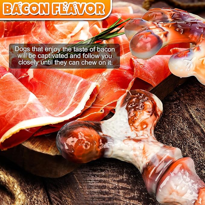 4-Pack Dog Chew Toys for Aggressive Chewers, Indestructible Nylon Bones with Bacon Flavor, Tough Durable Teeth Cleaning Chew Dog Toy for Large Medium Small Breeds