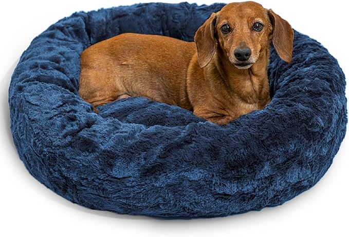 Best Friends by Sheri Original Calming Donut Dog and Cat Bed, Lux Faux Fur, Navy Blue, (23in x 23in) - Anxiety Relief for Pets Up to 25 lbs
