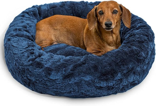 Best Friends by Sheri Original Calming Donut Dog and Cat Bed, Lux Faux Fur, Navy Blue, (23in x 23in) - Anxiety Relief for Pets Up to 25 lbs
