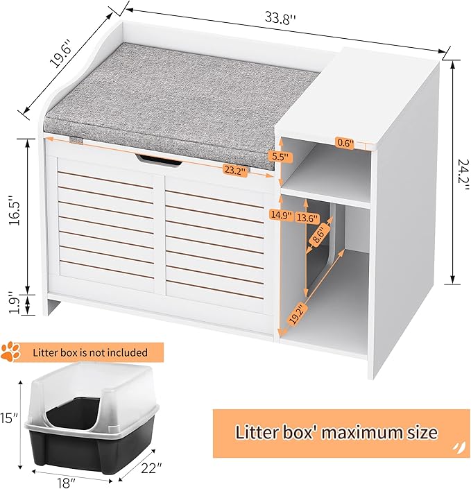 Cat Litter Box Enclosure Furniture with Top Opening and Cushion, Hidden Litter Box Cabinet with Storage, Privacy Cat Box Enclosure, White