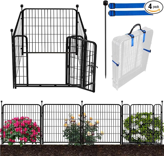 ADAVIN 48 in(H) Garden Fence, Low Threshold Door, Yard Fence for Dogs, 4 Panels Total 8.9 Ft(L) Garden Fencing Animal Barrier, Black Iron Metal Heavy Duty Pet Fences,Dog Digging Fences Barrier