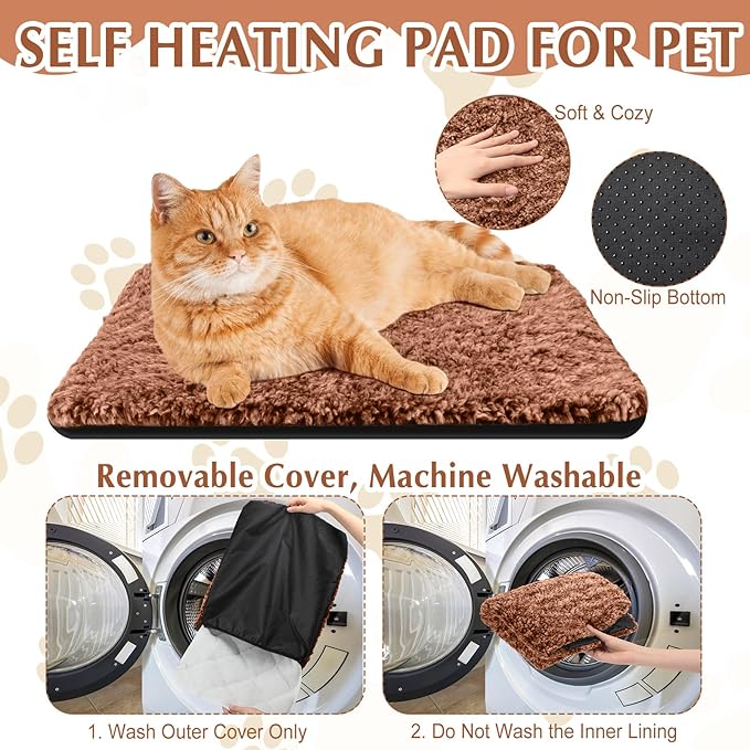 4 Pack Self Warming Cat Pads Self Heating Cat Mat Washable Homeless Dogs Thermal Pads Kennel Pad Reflects Body Heat Warm Crate Bed Mat for Indoor Outdoor Pet(Brown,16 x 20 Inch)