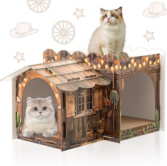 2 Story Cardboard Cat House with Scratcher Pad for Small Kitten,17x12x10 Multi Level Durable Cat Condo & Villa for Bunny Rabbit Small Animals Christmas Birthday Gift(Western)