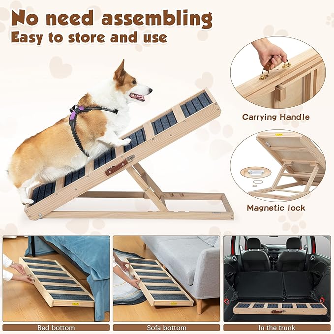 COZIWOW Dog Ramp for Bed, 4 Height Adjustable from 16" to 24" Portable Pet Ramp for Bed Car Couch Stairs Ramp for Dog Get on Bed Couch Truck SUV