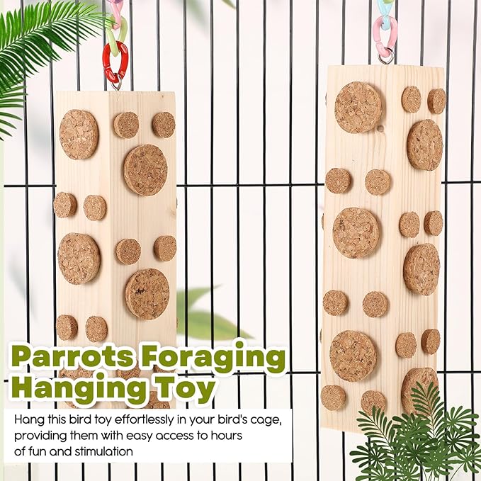 Skyygemm 2 Pcs Bird Parrot Chew Toys Wooden Foraging Hanging for Birds Parrots Cork Stopper Toys Cage Woodpecker Feeding Toy for Macaws, Small Parakeets Conure Budgies Finches Cockatiel