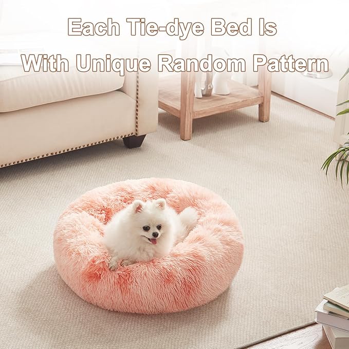 23 inches Donut Dog Bed for Small Dogs - Calming Washable Round Puppy Bed with Removable Cover, Fluffy Plush Pet Bed for Cats & Dogs, Fits up to 25 lbs Pets (Tie-dye Pink,Small)