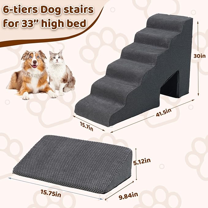 6 Steps Dog Stairs & Steps Ramps for High Beds 30 inches High Tall, LitaiL 6 Step Pet Stairs Steps for Small Large Dogs, Non-Slip Dog Ramps with 3 Pack Ramps for Staircase