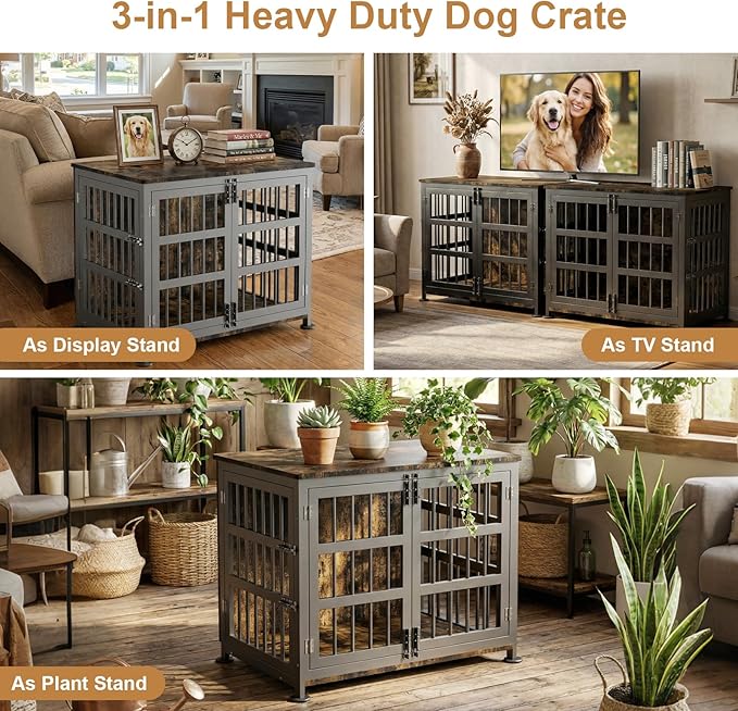 33" Dog Crate Furniture for Medium & Small Dogs with Wheels, Heavy Duty Dog Cage, Indoor Puppy Crate, Wooden Dog Kennel Table, 32.7" L x 22.8" W x 25.2" H, Decorate House as End Table — Rustic Brown