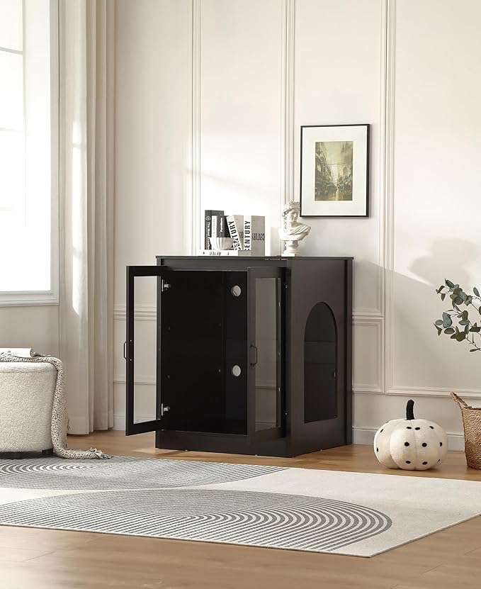 Cat Litter Enclosure with Cat-Observant Glass Doors,Litter Box Cabinet with Cozy LED for Cats,Reversible and Optional Entry(Left or Right),Power Outlet for More Choice,Black