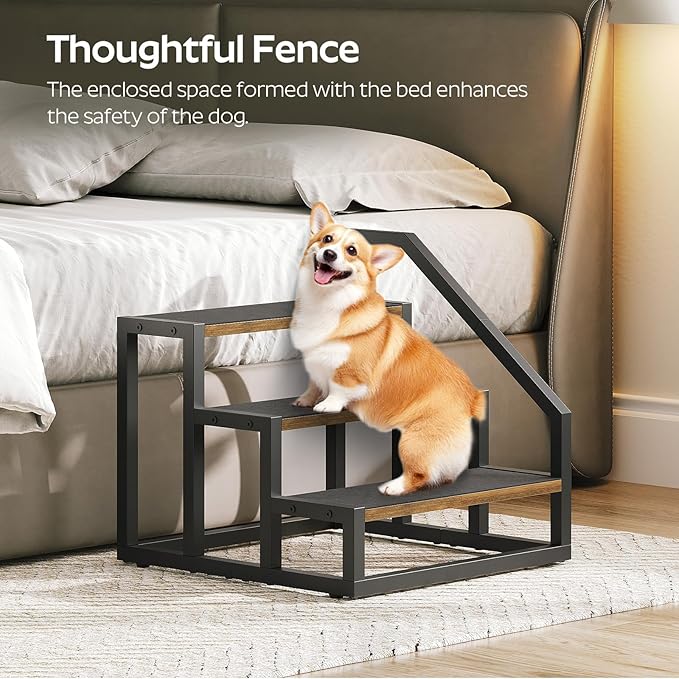 Dog Stairs for Small Dogs, 3-Steps Dog Steps for High Beds and Couch, 20.5”H Pet Steps with Non-Slip, Rustic Brown and Black LT11BR