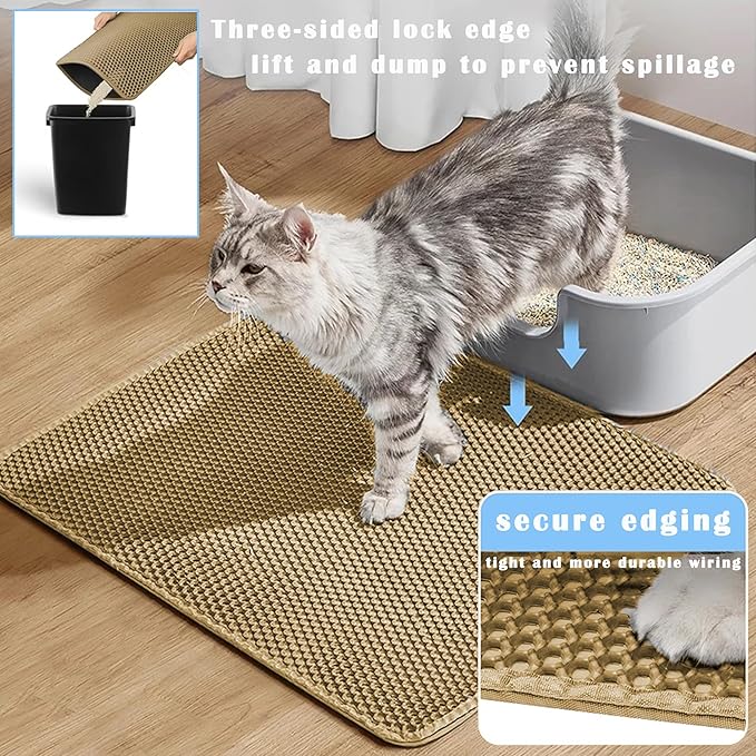 HCY&WLD 2-Pack Cat Litter Mat, Double Layer Honeycomb Waterproof Urine Proof Non-Slip Litter Trapping Mat, Less Waste, Easy to Clean Cat Litter Box Mat, Kitty Indoor Supplies (Khaki, 30x22 Inches)