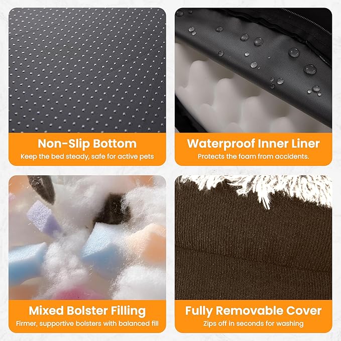 Fluffy Orthopedic Dog Bed for Extra Large Dogs, Calming Plush Sofa Bed with Curved Bolster Support and Egg-Crate Foam Base, 48" Cozy Oval Pet Donut Bed with Washable Cover, Coffee