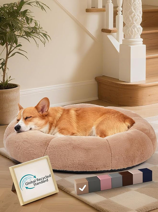 OhGeni 31 inches Calming Donut Orthopedic Dog & Cat Bed for Medium Pets, Warming Comfort Fluffy Short Pile Fur, Durable Waterproof Machine Washable Removable Cover, Cute Round Bed for Puppy, Camel