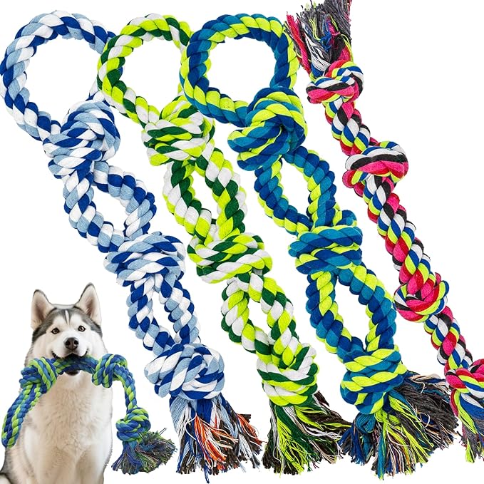 Rocfish [4 Pack] Dog Rope Toys for Aggressive Chewers, Nearly Indestructible Tug of War Toys for Large & Medium Dogs, 100% Cotton, Teeth Cleaning Chew Rope, Heavy Duty Tug of War Dog Toy for Boredom