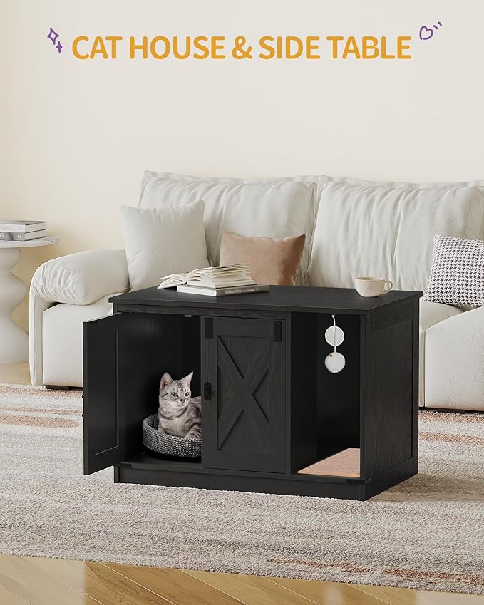 Cat Litter Box Enclosure, Hidden Litter Box Cabinet Furniture with Bell, Indoor Cat House, Farmhouse Style, 31.5 x 19.7 x 20.9Inches, for Hallway, Bedroom, Black CB82404X