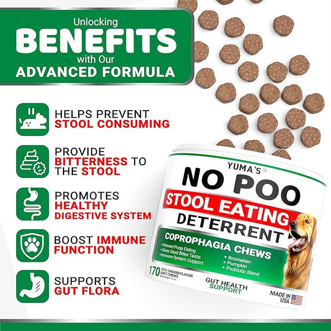 No Poo Chews for Dogs - 170 Count - Coprophagia No Poop Eating Deterrent for Dogs - Stop Eating Poop for Canine - Gut Health - Probiotics & Digestive Enzymes Supplement - Made in USA