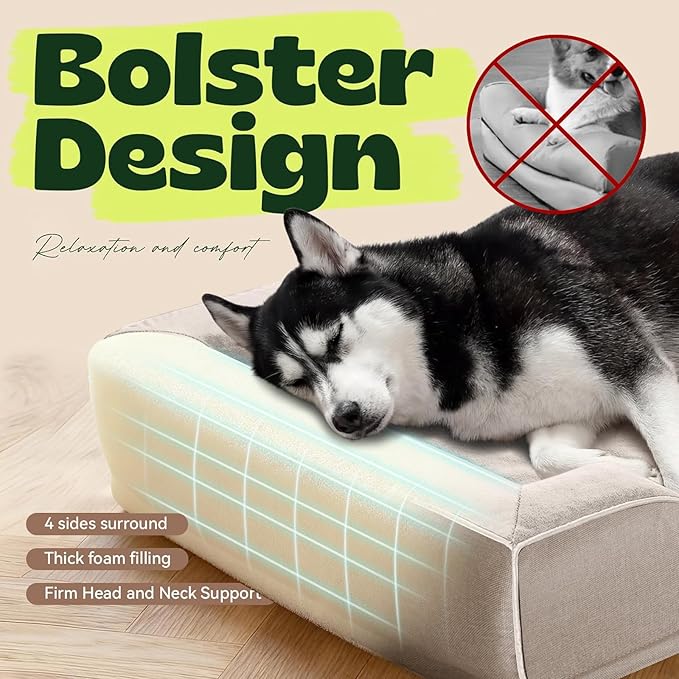 Orthopedic Dog Beds for Extra Large Dogs, Waterproof Cooling Gel Memory Foam XL Pet Bed with Sides, Non-Slip Bottom and Egg-Crate Foam with Washable Removable Cover,42.0" LX30.0 WX9.0 Th Beige