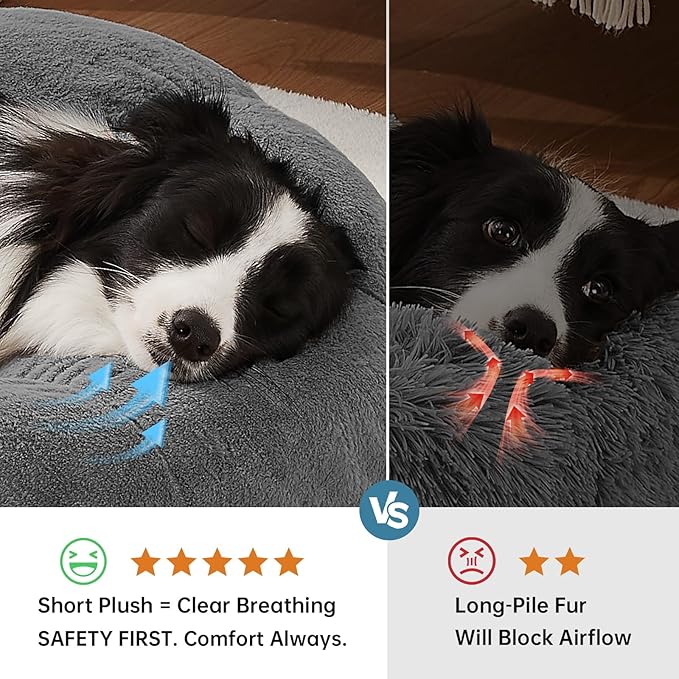 OhGeni 36 inches Calming Donut Orthopedic Dog & Cat Bed for Large Pets, Warming Comfort Fluffy Short Pile Fur, Durable Waterproof Machine Washable Removable Cover, Round Bed for Puppy, Dark Gray