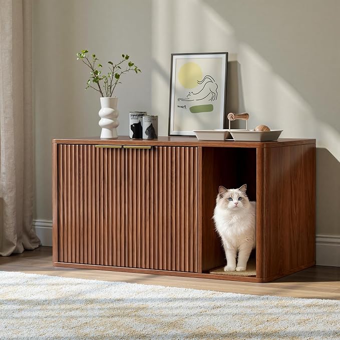 Evermagin 35.4" Walnut Cat Litter Box Enclosure Furniture with Cat Scratch Pad, Large Hidden Litter Box Cabinet, Front Entry Can Install Left/Right, Mid Century Modern Kitty End Table, Kitty Bench