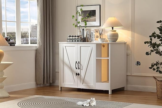 Large Cat Litter Enclosure with Litter Collector, Enclosure for self-Cleaning Litter Boxes,Adjustable Shelf for Dog Proof,Charging Station,Locks Added for cat,Cat House,Cloud White