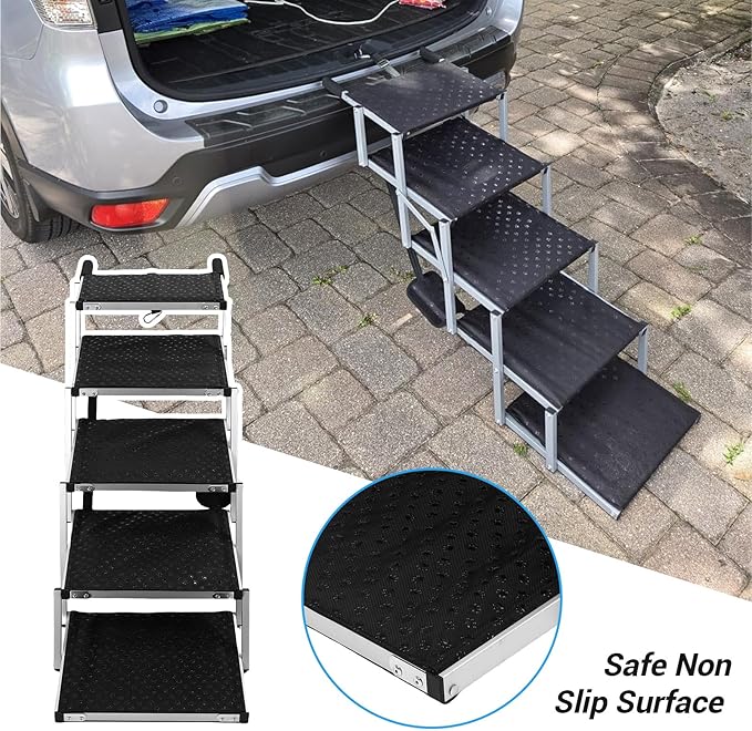 Foldable Dog Stairs, Car Dog Stairs 5 Steps 70kg Load Bearing Extra Wide Anti Slip Pet Ramp with Soft Foam Handle and Safety Straps, for SUV High Beds Truck Car Sedan