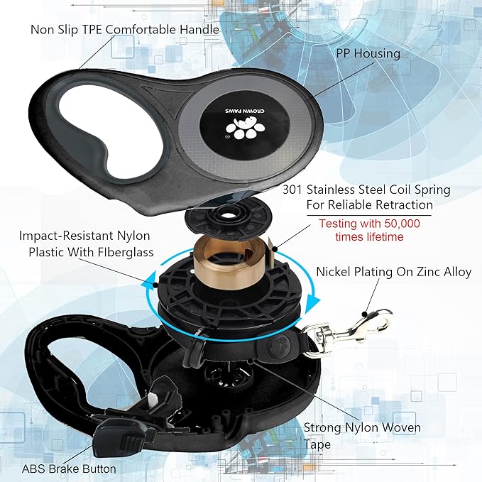 16 ft Retractable Dog Leash for Extra Large Dogs up to 130 lbs,Tangle-Free Nylon Tape,Black Dan24 XL