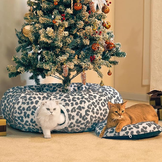 Cat Tunnel Bed for Indoor Cats 35.5 Inch XL Cat Donut Tunnels Cute Tubes Round Pet Play Tunnel Toy for Kitten Puppy Rabbit with Washable Circle Cushion Leopard Grey