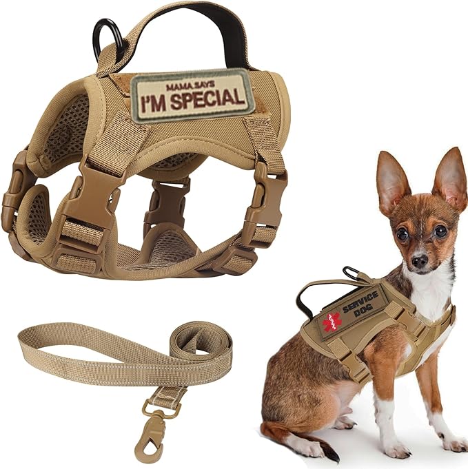 Tactical Dog Harness for Small Dogs, Military Puppy Vest Harness and Leash for Outdoor Training, Adjustable Service Dog Vest with Handle, 3 Patches