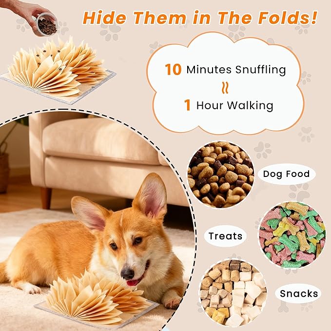 Snuffle Mat for Dogs - Accordion Fold & Suction Cups for Non-Slip, Machine Washable Interactive Licking Mat for Mental Stimulation, Anxiety Relief & Slow Feeding, Puzzle Toy for All Dogs(Beige)