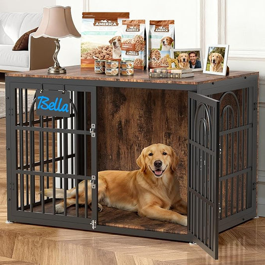 42" Dog Crate Furniture, Heavy Duty Dog Crates, Dog Kennel Furniture Indoor for Large Dog as TV Stand, Wooden Cage End Table for Indoor Decoration, Name Tag Escape-Proof Locks & Double Door