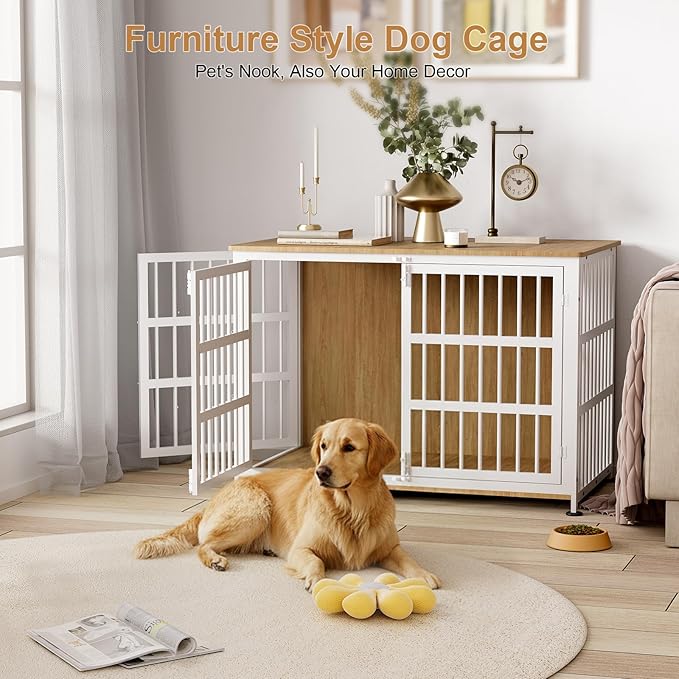 46" Dog Crate Furniture with Wheels, XXL Heavy Duty Dog Kennel Indoor for XL Dogs, Metal Chew-Proof Dog Cage, 45.9" L x 27.6" W x 32.4" H, Decorate House as TV Stand, End Table — Natural and White