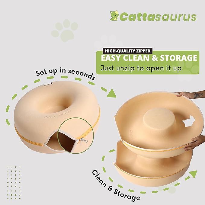 Cattasaurus Peekaboo Cat Cave Donut for Multiple & Large Cats up to 30-45 lbs, 3-in-1 Self Warming Cat Bed, Tunnel & Scratcher for Indoor Cats, Washable & Detachable Dog Bed (Pastel Macaron, Large)