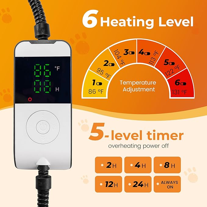 PatiencET 24"x35" Large Heated Dog & Cat Pad – Jumbo Dog Heating Mat with 6-Temp, 5-Timer, Chew-Proof Cord, Washable Outdoor-Indoor Warming Bed