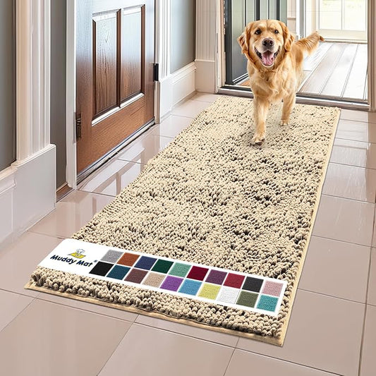 Muddy Mat® Shown on TV – Super Absorbent Microfiber Dog Door Mat for Muddy Paws, Non-Slip Washable Pet Rug, Quick Dry Chenille Entryway Carpet, Machine Washable Indoor Outdoor mat, Beige 59"x24"