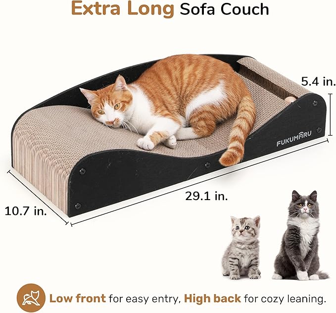 FUKUMARU Cardboard Cat Scratcher Bed, Extra Long 29.1 Inch Cat Scratch Bed Couch Indoor, Natural Felt Multifunctional Cats Scratching Lounger, Horizontal Kitten Cats Scratch Pad with Ball Toy, Black
