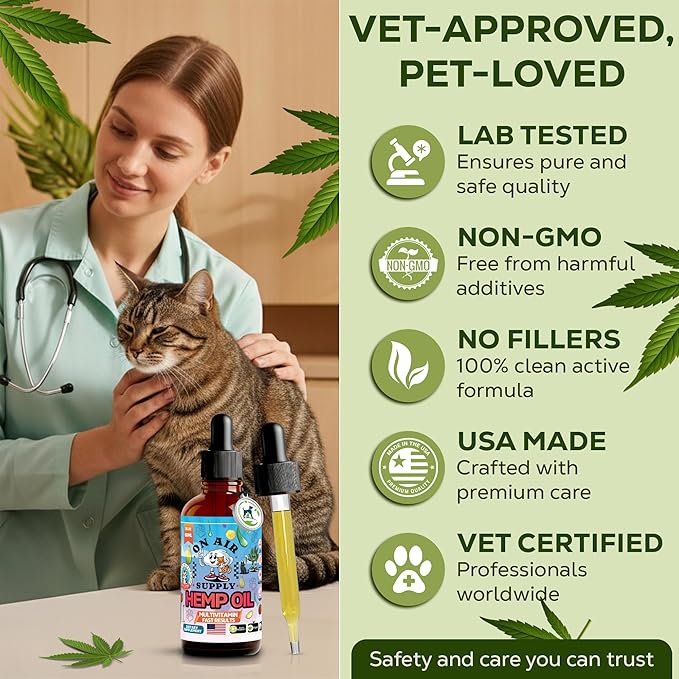 Hemp Oil for Cats - 2FL/60ML Assists Cats with Anxiety, Pain, Stress, Sleep, Arthritis, Seizure Relief - Supports Joint Health - Soothing Treats - Made in USA
