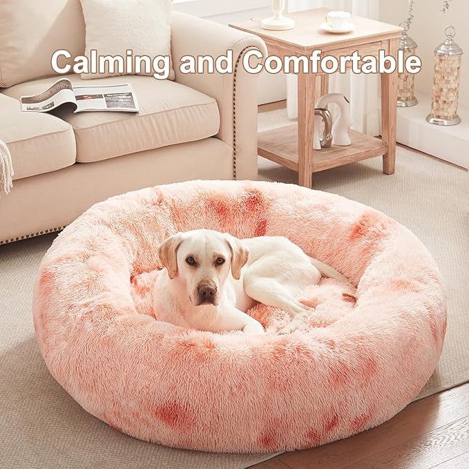 45 inches Donut Dog Bed for Extra Large Dogs,Calming Fluffy Round Jumbo Pet Bed with Removable & Washable Cover, Fits up to 120 lbs Pets (Tie-dye Pink,XL)