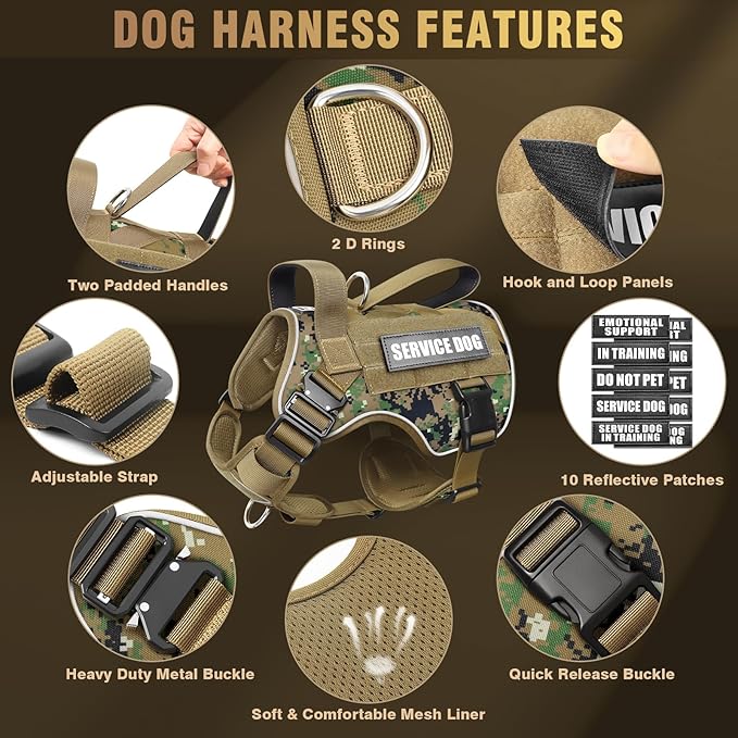 WINSEE Tactical Dog Harness for Large Dog, Heavy Duty Service Dog MOLLE Vest with 10 Pet Patches, No Pull Military Working Vest for Training Hunting Walking
