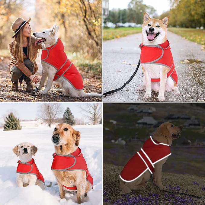 Dog Raincoats for Large Dogs Waterproof Hooded Rain Jacket with Reflective Strips Leash Hole & Poncho Adjustable Fit (Red,XL)