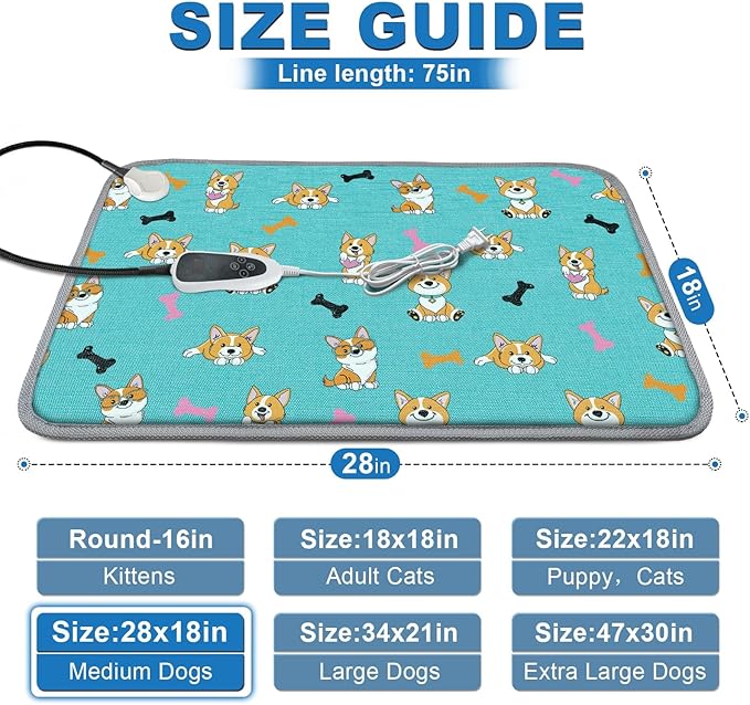 Dog Heating Pad 28×18 in Waterproof Heated Dog Bed,Smart Thermostat Switch with Normally Open On Function,Puppy Heating Pad with Metal Protective Tubes Added-Blue