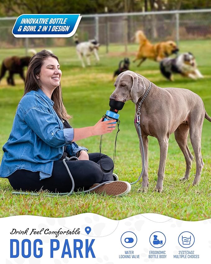 Lesotc Dog Water Bottle, Portable Water Dispenser with Bowl, Leak Proof Pet Travel Squeeze Bottle, Puppy Essentials Dog Stuff Accessories for Outdoor Walking, Hiking, Camping, Blue