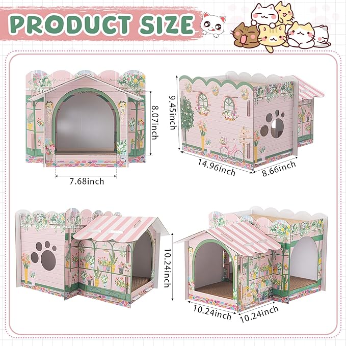 2 Story Cardboard Cat House with Scratcher Pad for Small Kitten,17x12x10 Multi Level Durable Cat Condo & Villa for Bunny Rabbit Small Animals Christmas Birthday Gift(Florist)