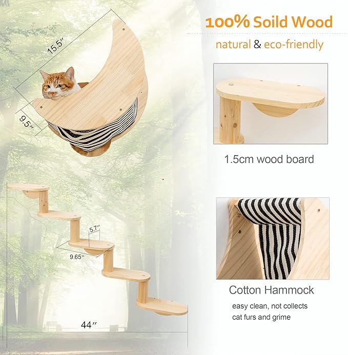 Cat Shelf for Wall Mount Hammock with 5-Levels Climbing Ladder Moon Cat Shelves and Perches for Activity Indoor Cats Wall Furniture(5-Levels Steps)