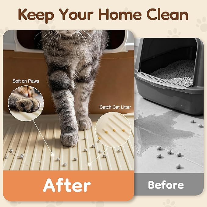ISSEVE Cat Litter Mat 54" x 27.5" XXL, Extra Large Silicone Mat for Litter Box, 1.38" Raised Edge Waterproof Litter Trapping Mat Pad for Scatter Control, Soft on Kitty Paws, Protect Floor (Beige)